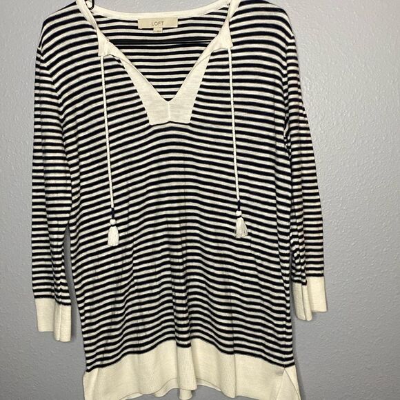 Loft Stripe Tasseled Tie Neck Tunic Blue and White Striped Sweater Size Medium - Picture 2 of 10